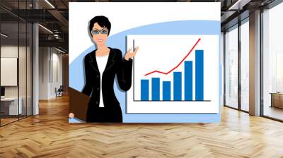 Beautiful business woman pointing to rising business trends Wall mural