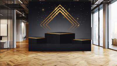 Luxurious 3d studio space with black and gold square pedestal podium with sparkles and light effect Wall mural