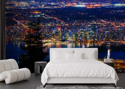 Aerial view of Vancouver city by night. Wall mural