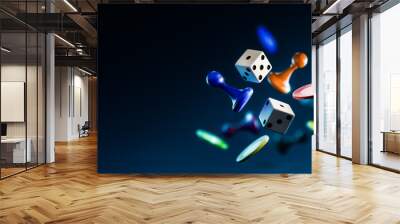 Assorted game board pieces in mid air. 3D illustration, Rendering Wall mural