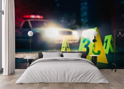 police car at a crime scene with evidence markers, high contrast image Wall mural