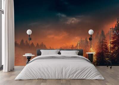 wildfire burning through a forest. high contrast image. illustration Wall mural