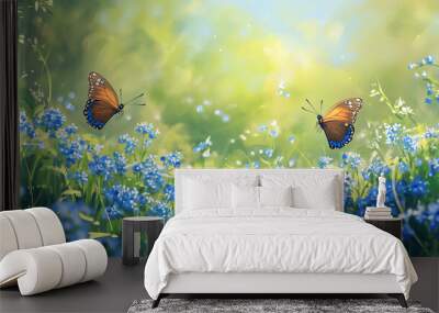 Beautiful summer or spring meadow with blue flowers of forget me nots and two flying butterflies Wall mural