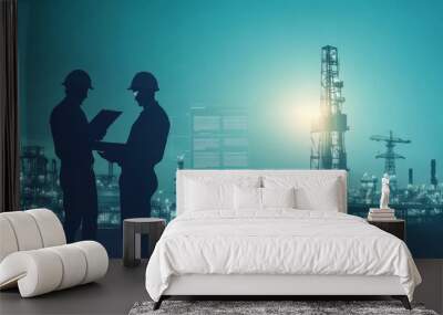 Industrial Workers Discussing Operations at Oil Refinery. Wall mural