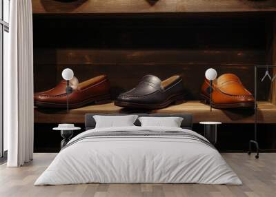 Three pairs of leather loafers on wooden shelf. Wall mural