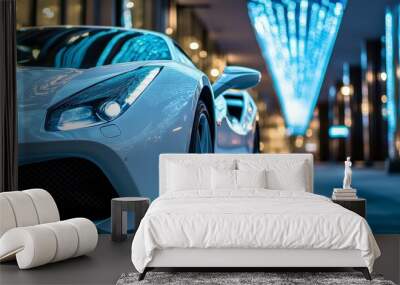 White Sports Car in City at Night. Wall mural