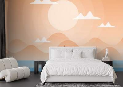 Flat desidn Sea landscape, Nature vector background, landscape with mountains and sun with boat  Wall mural