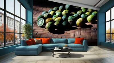 several kaffir limes on a woven bamboo container Wall mural