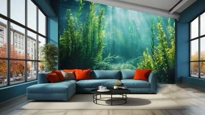 A vibrant underwater landscape, filled with towering seaweed, offering a glimpse into the diverse and fascinating marine ecosystem Wall mural