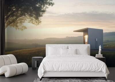 A modern electric vehicle charging station in a serene landscape at sunrise. Wall mural