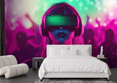 A person wearing VR goggles in a vibrant, colorful party atmosphere. Wall mural