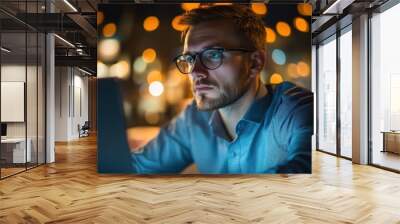 Man Working on Laptop at Night Wall mural