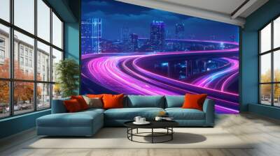 Neon Cityscape with a winding Highway at Night Wall mural