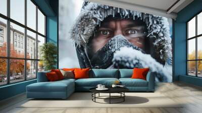 Portrait of a man wearing a thick down jacket while exhaling. extreme cold weather concept Wall mural