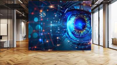 Geometric backdrop with digital eye, data network, and cyber security technologies. Binary code electronic eyes, safety scanners, and secure online monitoring are examples of advanced technology. Wall mural