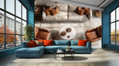 Top view of stylish chill interior with sofa and two leather armchairs, shelf and coffee table with decoration, carpet on beige concrete floor. 3D rendering Wall mural