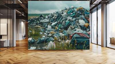 Waste pile large pollution heap fashion industry trash in nature landscape garbage stack of cloth industrial pollution awareness global pollution background Wall mural