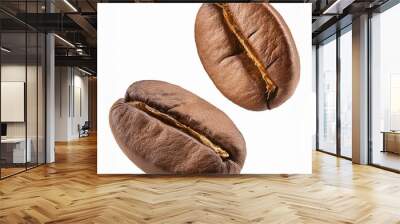 Falling coffee beans, isolated on white background, full depth of field Wall mural