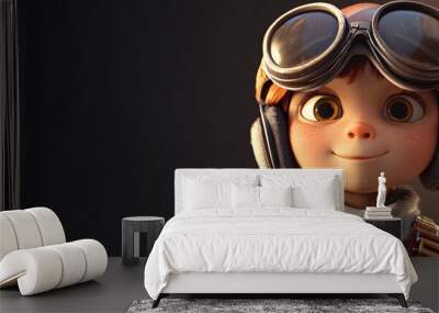 Adorable Cartoon Pilot with Goggles and Earmuffs  3D Render Wall mural