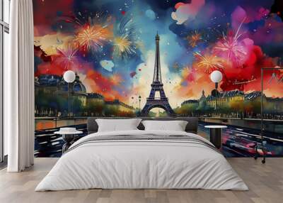 Celebration in Paris. Fireworks with the Eiffel Tower and city buildings. Olympic Games. 2024. Wall mural