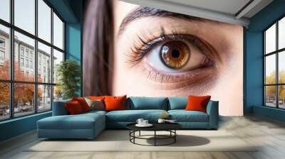 Beautiful brown human eye, close up on the face of a young girl Wall mural