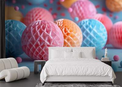 Colorful Paper Honeycomb Balls with Blue Background and Small Balls, Colorful Paper Honeycomb Balls with Blue Background and Small Ba Wall mural