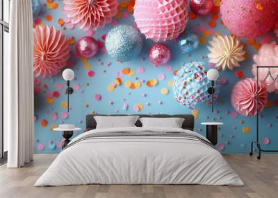 Colorful Party Decorations on a Blue Background with Confetti Wall mural