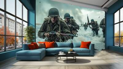 Allied Forces Brave the Waters: Soldiers Advance Towards Shoreline with Determination, Gripping Rifles in Archive-Style Image. Wall mural