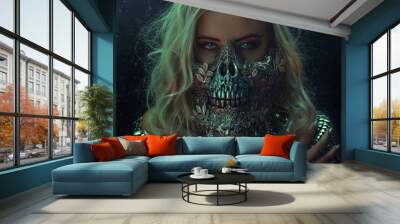 beautiful blonde woman with intense look wearing a silver mask with skull and metal pieces, halloween Wall mural