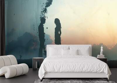 Broken Vows: Silhouetted Couple in Marriage Turmoil, Facing Away in Divided Love Wall mural