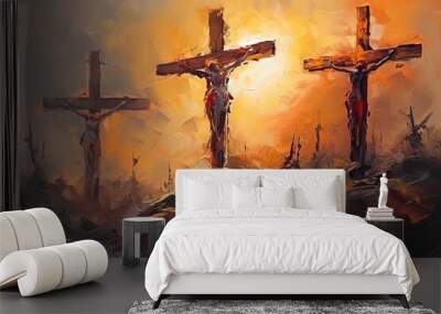 Calvary's Three Crosses: A Serene Landscape Illustrating the Place Where Jesus Christ Gave His Life for Humanity created with Generative AI technology Wall mural