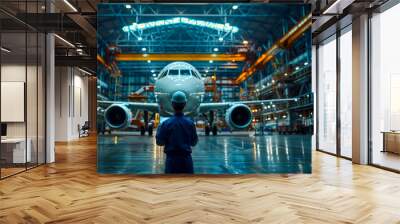 Cutting-edge engineer overseeing aircraft assembly in hangar with digital tablet Wall mural