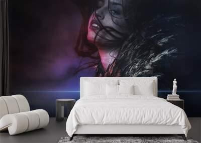 Fantasy, nude brunette woman with flowing hair and jacket with g Wall mural