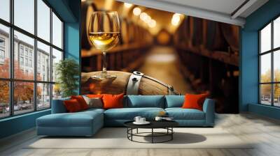 Golden Elegance: A High-Resolution Capture of White Wine on Oak in a Traditional Wine Cellar Wall mural