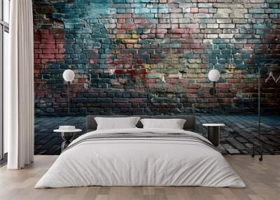 gritty urban canvas: vibrant graffiti on weathered brick wall Wall mural