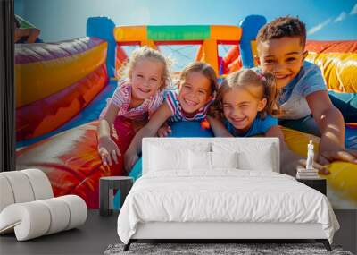 Joyful children bouncing on inflatable castle under the summer sun Wall mural