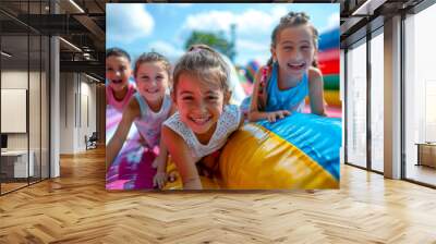 Joyful children bouncing on inflatable castle under the summer sun Wall mural