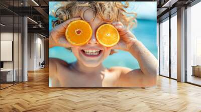 Joyful kid playing with oranges on the beach, summer holiday vibes captured in a single shot. Wall mural