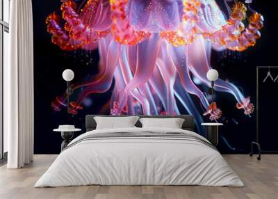 Luminous 3D Jellyfish Shapes in Pink and Orange on Dark Background created with Generative AI technology Wall mural