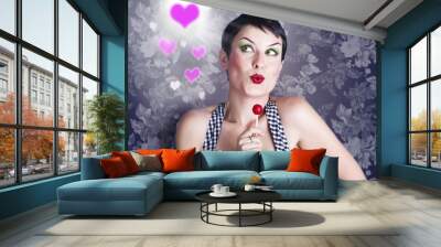 Portrait of lovely brunette with lolly pop, over vintage backgro Wall mural