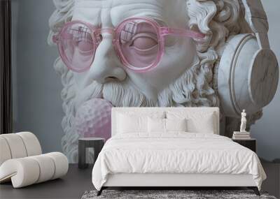 Socrates Reimagined: Hyperrealistic Portrait of the Ancient Greek Philosopher in Pink Sunglasses and Headphones Wall mural