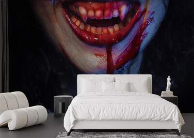 Vampire smile demon woman laughing with big fangs full of blood, image for halloween Wall mural