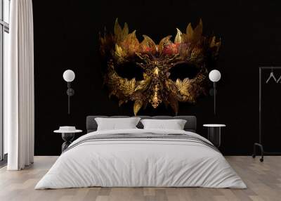 Venetian mask in gold and red with metallic pieces in the form of leaves. original and unique design, handmade crafts Wall mural