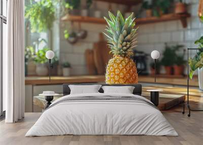 Vibrant pineapple slices on rustic wooden board in cozy kitchen setting Wall mural