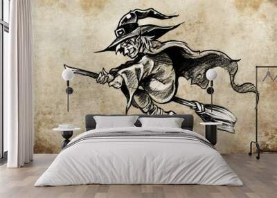 witch on a broom, Tattoo sketch, handmade design over vintage pa Wall mural