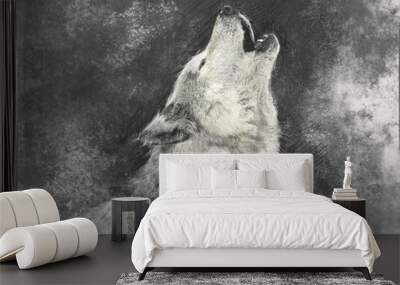 Wolf, handmade illustration on grey background Wall mural