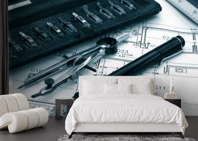 engineer draw tools monochrome in blue Wall mural