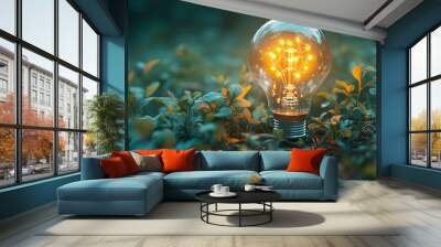 Glowing Light Bulb in Lush Green Grass  Nature and Innovation Concept, Glowing Light Bulb in Lush Green Grass  Nature and Innovation Co Wall mural