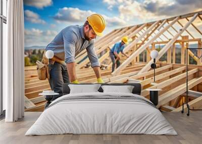 construction worker on the roof,A roofer-builder diligently working on the roof structure at a construction site. A Caucasian contractor oversees the wooden house frame. Industrial vibes permeate the  Wall mural