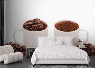 two white porcelain cup with coffee bean capsule and ground powder, coffee beans, with white background Wall mural